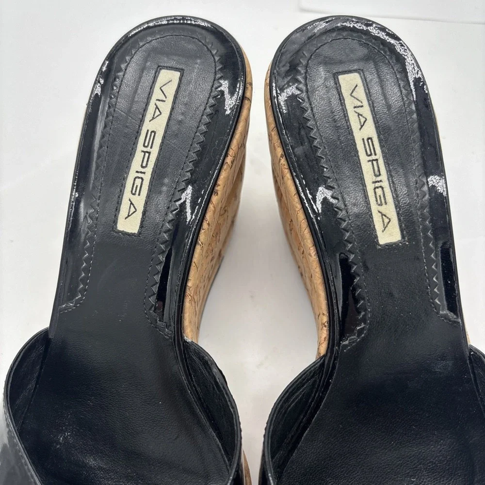 Via Spiga Black Patent Leather Espridalle  Peep Toe Sandal Wedges Women Size 8